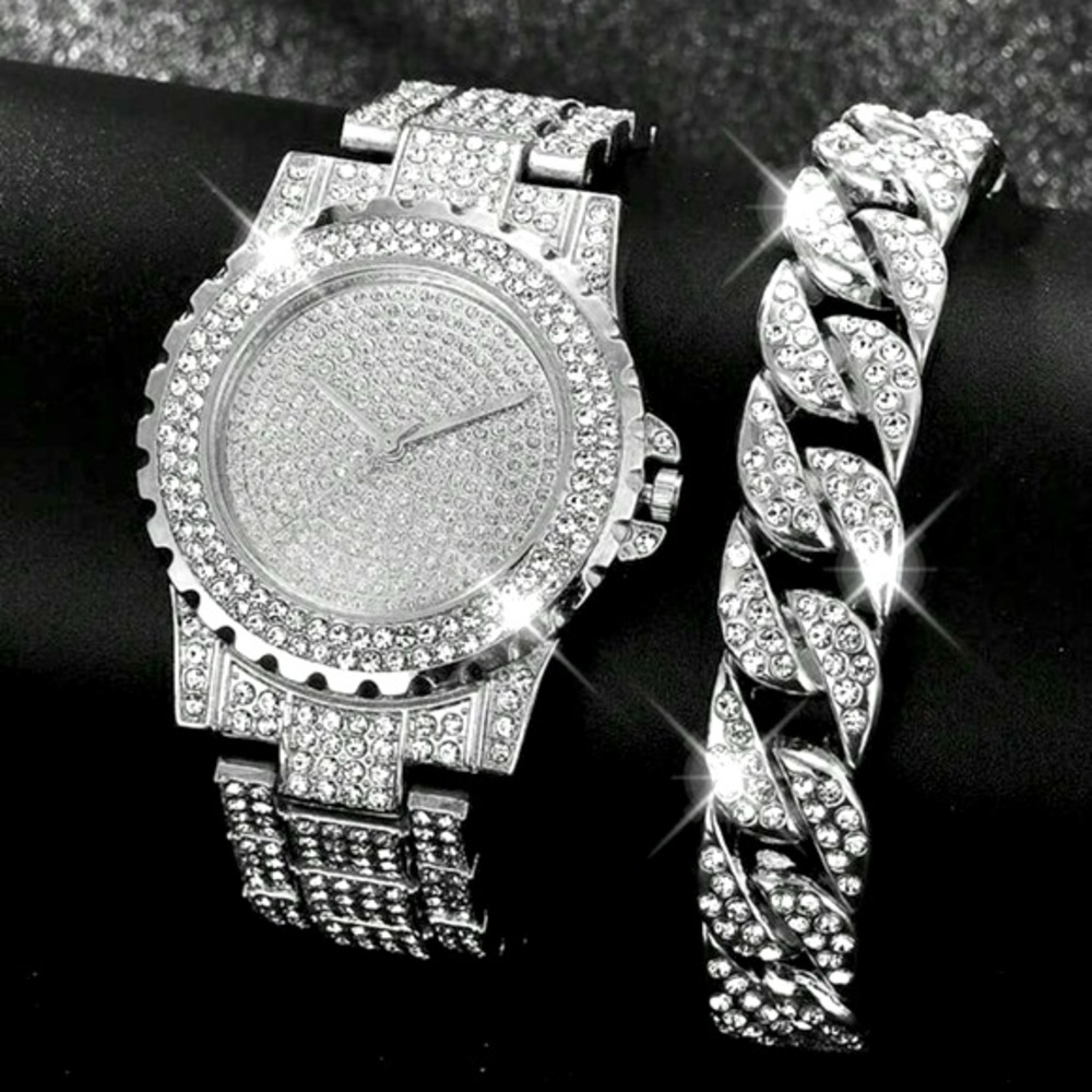 Badass Rhinestone Hip Hop, Bling Watch & Cuban Chain Link Bracelet Unisex Set